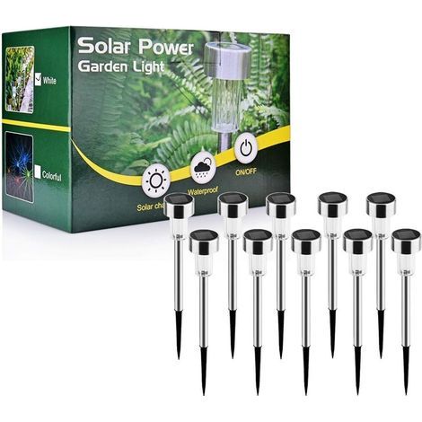 10 luces solares de jardín para exteriores, luces LED inalámbricas para jardín, iluminación solar decorativa para caminos y césped, resistente al agua IP65, recargables automáticamente, luz blanca frí (1/5)