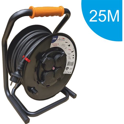 Enrouleur PRO de chantier 3G2.5 25m IP44 platine fixe (anti twist) - câble H07RN-F- 4 prises 16A - garantie 2 ans