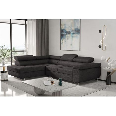 Ecksofa Sofa JADE Stoff Ascot Schwarz mit Schlaffunktion Ottomane Links (1/2)