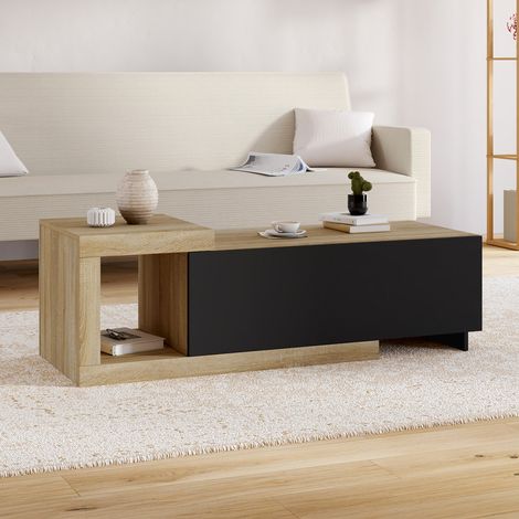 Mesa de centro RAPHAEL 100-130 cm, extensible, 1 puerta, madera y negro