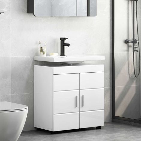 Meuble sous lavabo de salle de bain en bois d’ingénierie blanc brillant 60 x 34 x 63 cm - PANGIVO (1/5)