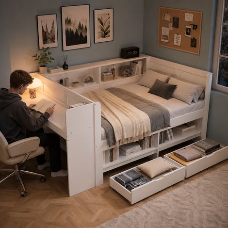 Lit multifonction 120x200 cm avec bureau intégré, lit avec rangements, armoire, 2 tiroirs, niches ouvertes et entourage partiel, en bois, blanc (1/5)