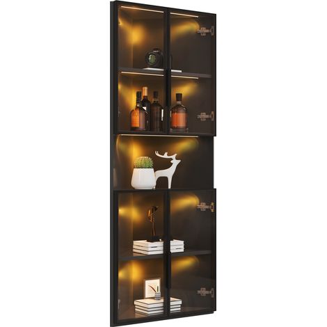 CHICFURN Vitrine d'angle triangulaire 62 x 32 x 160 cm en MDF noir, avec façade en verre trempé, LED chaude, niche ouverte et design compact pour salon, bureau, collection (1/5)