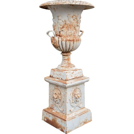 Biscottini – Vase ancien en fonte finition blanc antique – Hauteur 100 cm – Diamètre 74 cm – Socle 62 cm – Décorations en relief élégantes