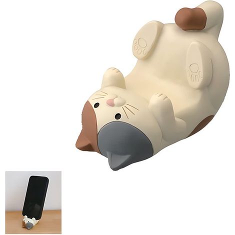 Support de téléphone de bureau - Support pour téléphone - Support pour smartphone - Motif chat - Résine - Robuste et durable - Décoration de bureau - Ornement - 8 x 6 x 5 cm - Kaki (1/5)