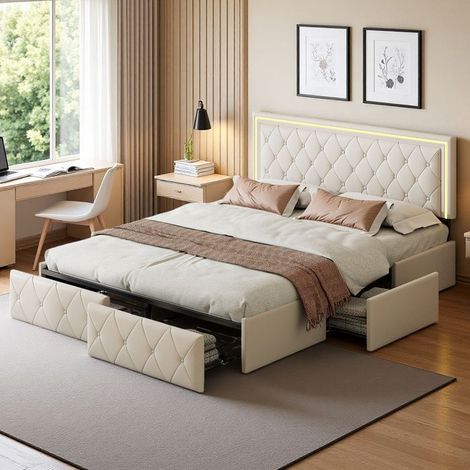 Letto matrimoniale con cassetti - 140x200 - PU beige trapuntato - 4 cassetti laterali - Striscia LED RGB