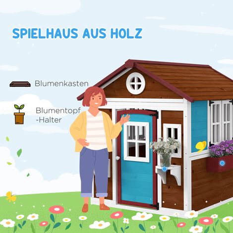 Cabane de jeu en bois pour enfants 3-8 ans, abri de jardin avec fenêtres et jardinières, couleur bleue.