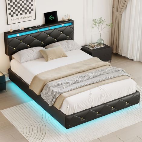 Erwachsenenbett 140x190 cm, Doppelbett mit Lattenrost, Kopfteil mit Diamant-Dekor, mit LED-Beleuchtung, USB-Aufladung, Stauraum, Design, Kunstleder, Schwarz (1/5)
