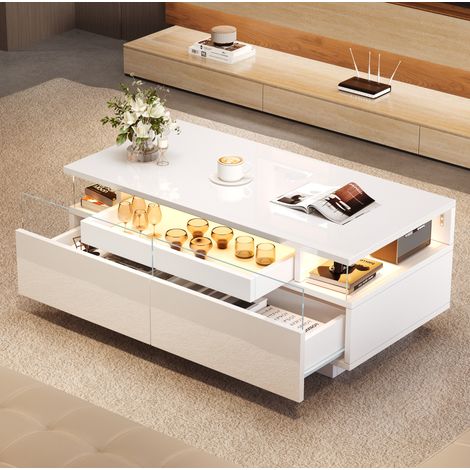 90 45 35.5 cm Couchtisch mit Tablett, Hochglanz-Couchtisch fürs Wohnzimmer, Sofatisch mit 2 Schubladen, tragender Beistelltisch aus gehärtetem Glas, kaffeetisch mit LED-Licht,Weiß (1/5)