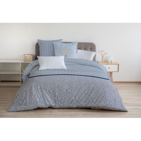 Bettwäsche-Set 240x260 cm HOME LINGE PASSION LOUXOR: Bettbezug + 2 Kissenbezüge - 100% Baumwolle 57 Fäden - Blau