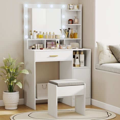 Tocador de Maquillaje con Luces LED y Taburete Espejo 10 Bombillas Cajón Estantes Compartimentos Blanco (1/5)
