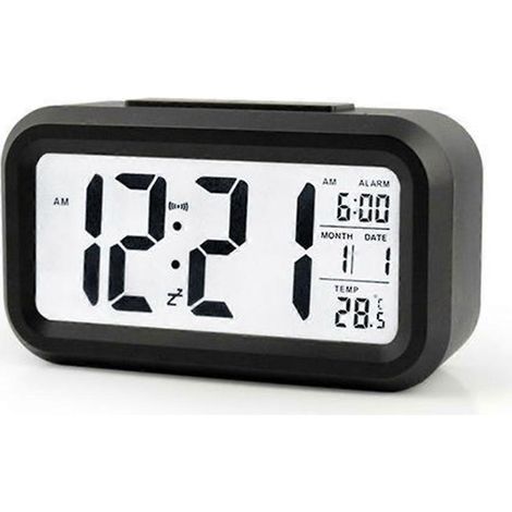 Réveil numérique avec affichage LED, température, grand écran LCD rétroéclairé, fonction snooze, capteur de luminosité intelligent, idéal pour la chambre, la maison ou le bureau. (1/5)