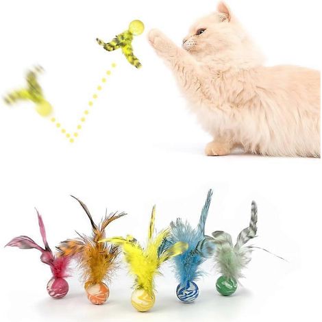 Lot de 5 balles à plumes Bouncy Tails pour chat, caoutchouc résistant, jeu interactif d'intérieur (1/5)