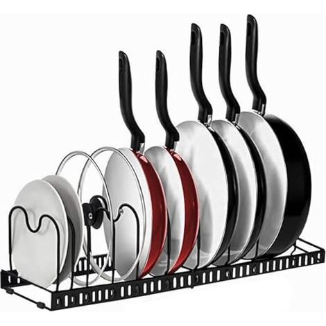 Grille de rangement extensible pour casseroles, support pour couvercles avec 10 séparateurs réglables, organiseur d'armoire de cuisine (Noir)