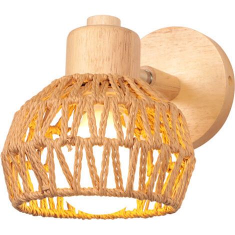 Applique murale intérieure 15 cm – Bois et rotin rétro – Douille E27 – Réglable pour éclairage directionnel – Luminaire vintage pour chambre et salon – (1/5)
