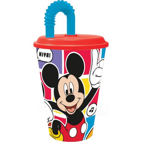 Disney Bicchiere rosso e azzurro per bambini in plastica Mickey Mouse Topolino 430 ml con cannuccia e coperchio flessibile (1/5)