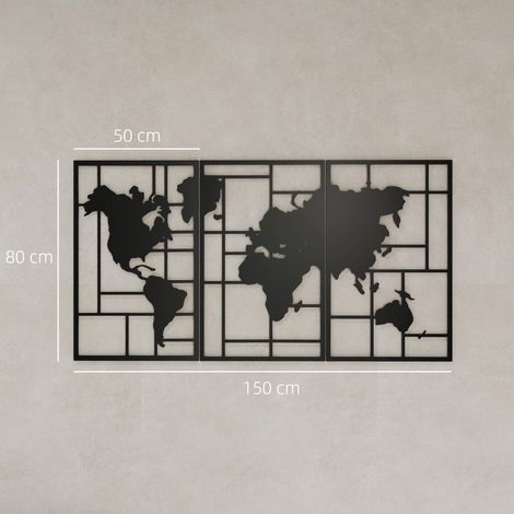 Décoration murale en métal représentant une carte du monde (3 pièces), noire, pour salon, chambre ou couloir. (1/5)