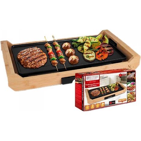 Piastra Grill Elettrica 2200W Rivestimento Antiaderente con Termostato Regolabile e Raccoglitore di Grasso Rimovibile 43x23cm Finitura Bambu