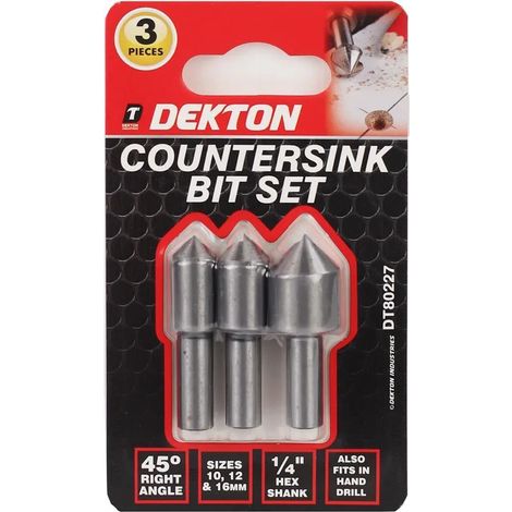 Dekton 3pc Screw Countersink Drill Bit Set For Steel Plastic Wood Bits 10mm-16mm
