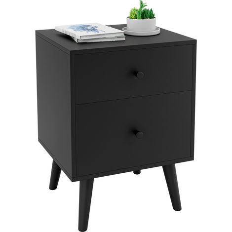 Comodino con 2 cassetti e gambe in legno di gomma Tavolino per salone Nero (1/4)