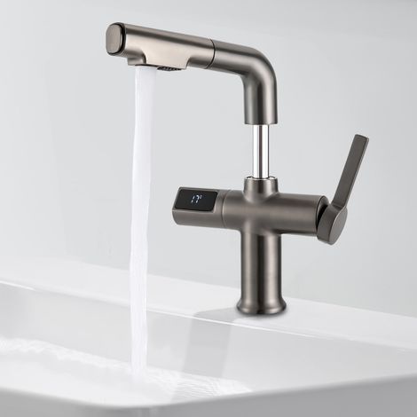 Ausziehbare Küchenarmatur mit 2 Strahlarten, LED-Temperaturanzeige, 360° schwenkbar, um 8 cm höhenverstellbar – korrosionsbeständiges Messing, Keramikkartusche – ideal für Spülbecken und Waschbecken (1/5)