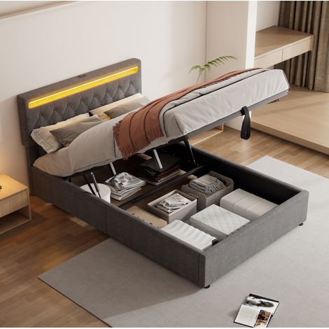 Lit capitonné moderne 140x200 cm avec coffre hydraulique, LED tête de lit, ports USB/USB-C, lin gris (1/5)