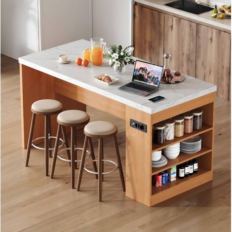 MEUBLIV Îlot de cuisine 155x80x90 cm naturel et blanc – LED, prises USB, 3 rangements (1/5)