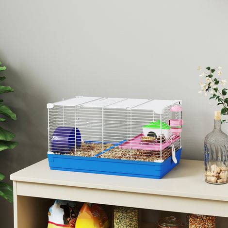 Cage Hamster, Cage Rongeur à 2 Niveaux, Base Amovible pour Nettoyage Facile, Cabane, Roue d'Exercice, 47x30x27cm, Bleu (1/5)