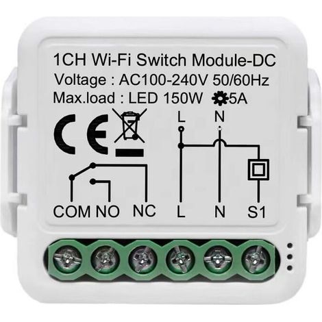 royaluxe -Contact sec module de commutation de relais wifi, 1 canal DC 12 / 24V AC 100-240V, fonctionne avec Alexa Google Home (1/5)