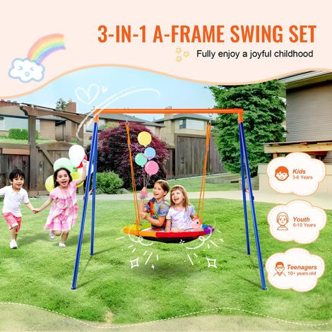 Balançoire enfant extérieure, portique A acier 200kg, assise disque 100cm, corde réglable, montage rapide, jeu jardin (1/5)
