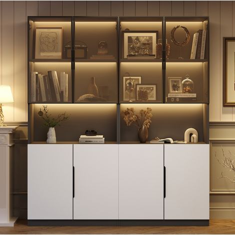 Vitrine 160x30x200 cm weiß aus Spanplatte mit Glastüren, LED-Beleuchtung und verstellbarem Stauraum (1/5)