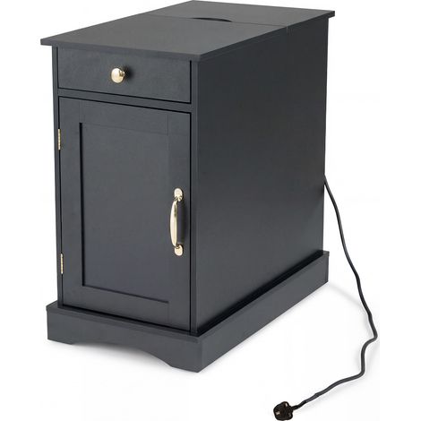COSTWAY End Table with Charging Station Narrow Nightstand Bedside Table Black