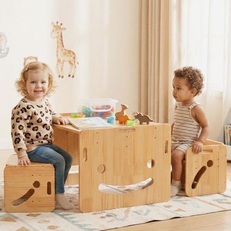 Table et Chaise Montessori Ajustables en Hauteur pour Enfants de 1 à 3 Ans, Table en Bois Massif et 2 Chaises, pour Lire, Manger, Jouer (Ensemble de 3 pièces) (1/5)