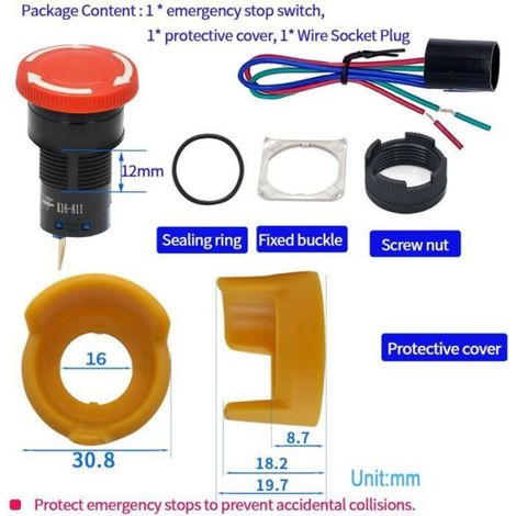 Bouton poussoir arrêt urgence - SPDT 5 Ampères Avec couvercle protection - Industriel et machines - Rouge 16mm (1/5)