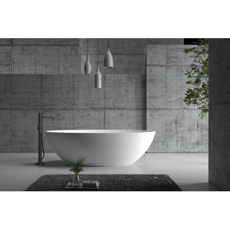 BERNSTEIN - Bañera de isla RIO STONE en piedra maciza (cast mineral) - 180 x 85 cm - Con desagüe, Blanco mate, Con grifo mezclador 8028B