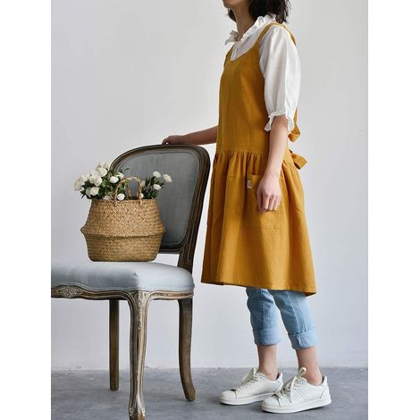 Tablier en coton et lin à dos croisé jaune ceinture taille (1/3)