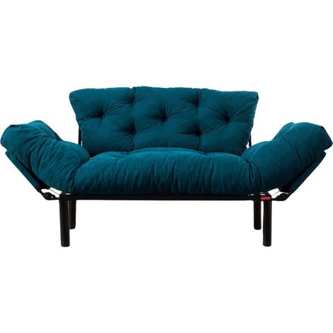 Les Tendances – Canapé convertible 2 places bleu pétrole – Tissu numérique – Longueur 155 cm – Lit 187 x 73 cm – Accoudoirs réglables – Confort mousse ultra-douce (1/7)
