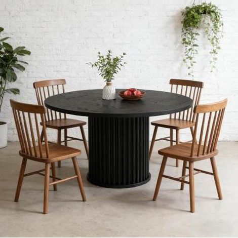 Table à manger ronde noire avec plateau en MDF et pieds en métal, pour 6 personnes (1/5)