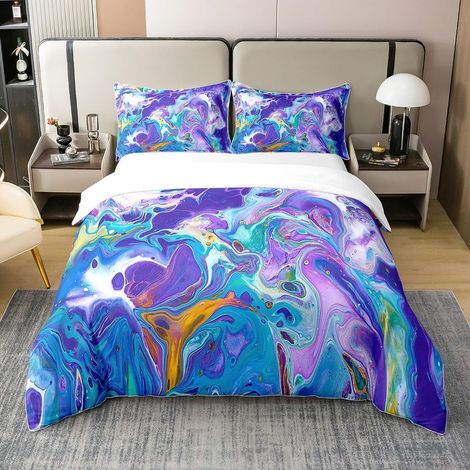 Lot de Violet Marbre 100% Coton Housse De Couette 240x260cm Abstrait Marbre Imprimé Parure Lit Enfants 100% Coton Doux Et Léger Bleu Turquoise Literie Lavable en Machine - 240 x 260 cm + 2 taies d'ore (1/5)