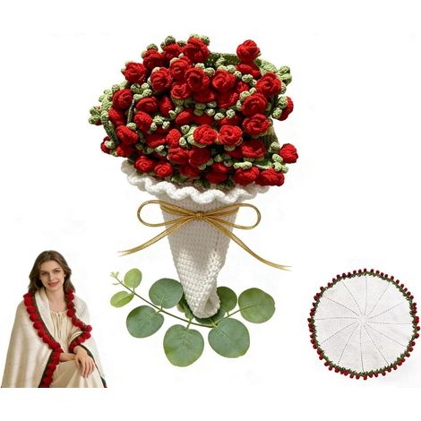 Couverture Bouquet de Fleurs au Crochet, 100cm Couverture en Roses DIY Faite Main - Cadeau pour la Fête des Nouvel an,Mères, Saint-Valentin, Anniversaire (Fini, Rouge) (1/5)