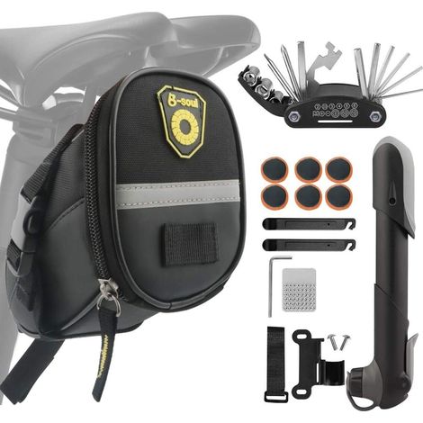 Fahrradtasche mit Fahrradpumpe und 16-in-1-Multitool mit Reifenheber und Notfallwerkzeug