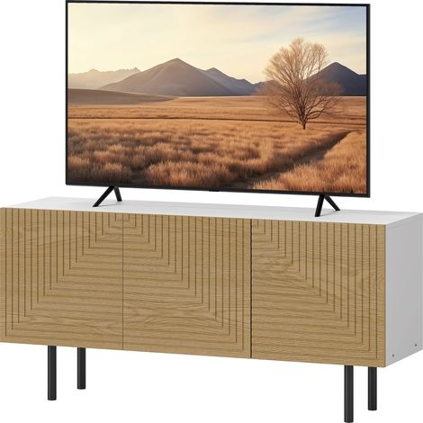 Meuble TV pour jusqu'à 65 pouces avec placards à porte cannelée et passe-câbles pour salon, chambre, effet bois naturel (1/5)