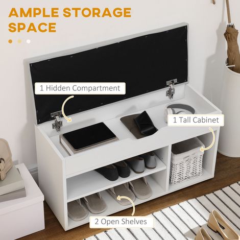 Banc à chaussures blanc avec rangement intégré et coussin rembourré, idéal pour l'entrée, le couloir ou le salon. Style moderne et épuré. (1/5)