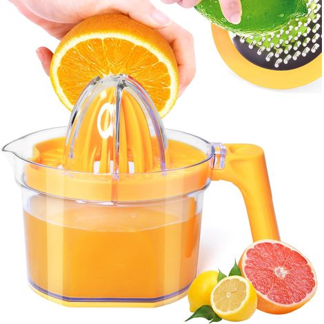 Exprimidor de cítricos 4 en 1: exprimidor manual de limón, exprimidor multifuncional de naranja, exprimidor de lima, exprimidor de cítricos con mango ergonómico extraíble, capacidad de 500 ml (naranja