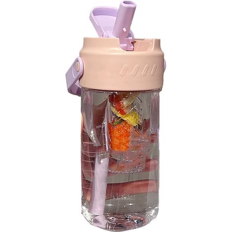 Wasserflasche mit integriertem Strohhalm, Teefilter und Griff, 700 ml, aus Polycarbonat, niedliches rosa Design für Frauen und Mädchen. (1/5)