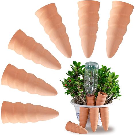 Lot de 6 a Planter Terre Cuite, Auto-arrosantes en Terre Cuite, Cône en Argile d’arrosage, Goutte-Gouttes Automatiques (1/5)