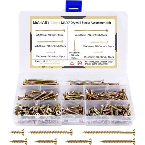 Vis, M4 plaqué jaune dur croix tête fraisée clous autotaraudeurs clous pour cloisons sèches clous pour plaques de plâtre jeu de vis à bois 180PCS (1/5)
