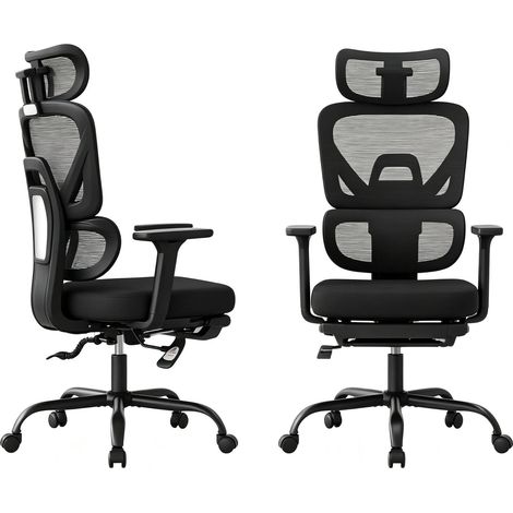 Silla de oficina ergonómica giratoria con reposapiés, respaldo de malla y reposacabezas, negra (1/5)
