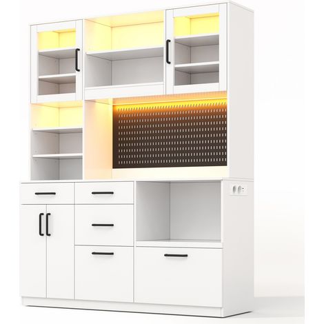 Buffet de cuisine blanc en MDF avec plan de travail, 5 tiroirs, LED et prises (1/5)