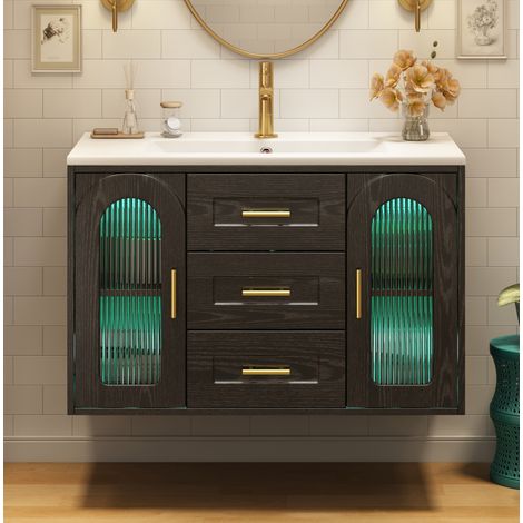 Mobile bagno sospeso 76 cm con lavabo in ceramica, LED, vetro rigato, MDF nero (1/5)
